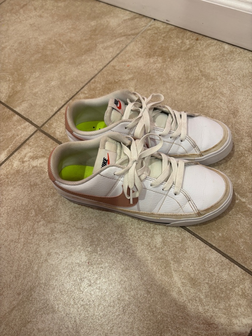 Nike White Sneakers with Metallic Rose Swoosh and Neon Green Insole